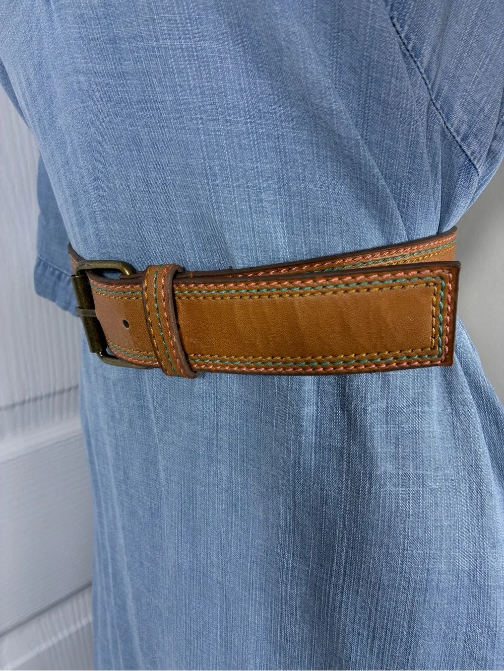 Womens belt 38” long Brown Faux Leather with Contrast Stitching